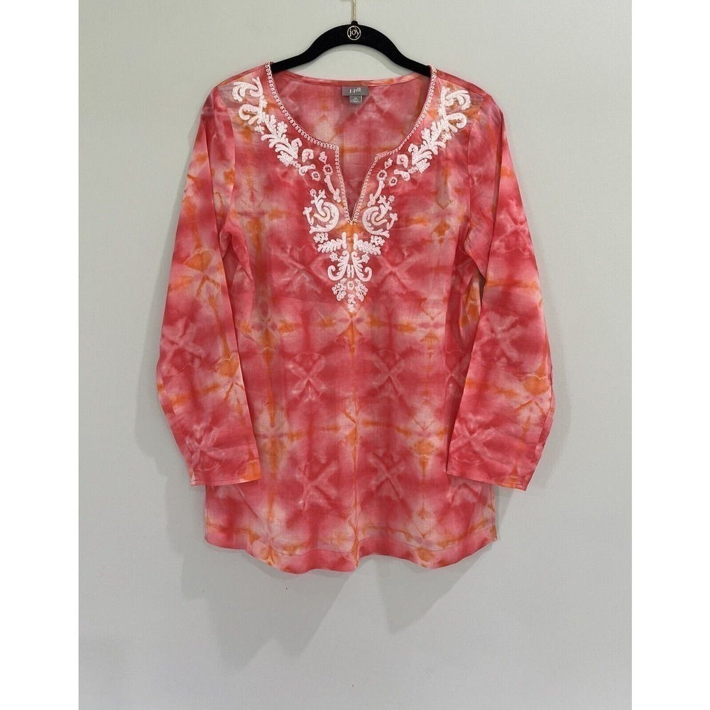 J. Jill Tie Dye Beaded Embroidered Long Sleeve Tunic‎ Blouse Pink Size X Small